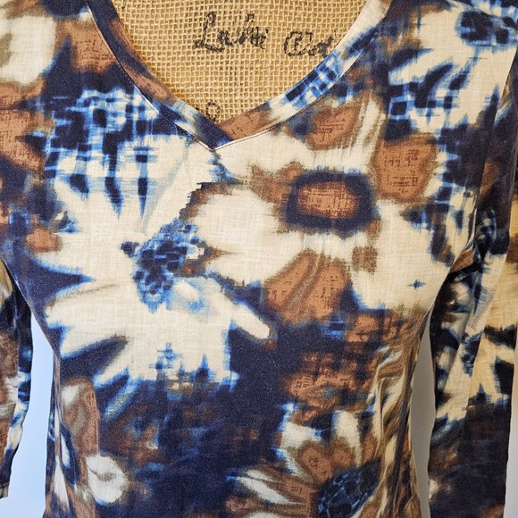 LOGO Lori Goldstein Blue Gold Floral Tunic Top 3/4 Sleeves Size Small - Picture 2 of 6